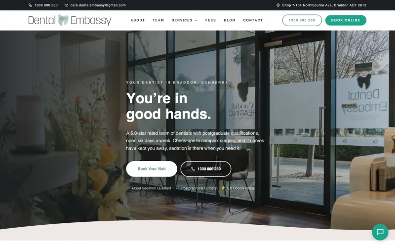 Homepage of the Dental Embassy website