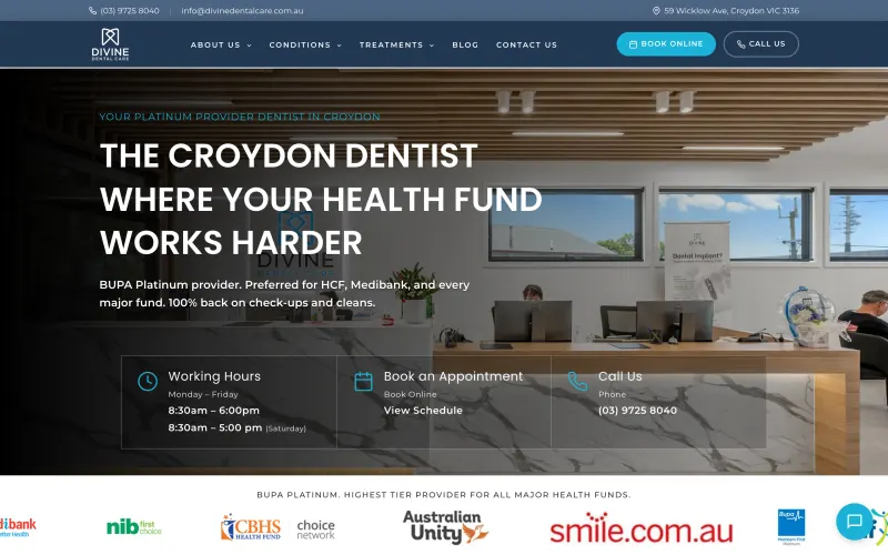 Homepage of the Divine Dental Care website