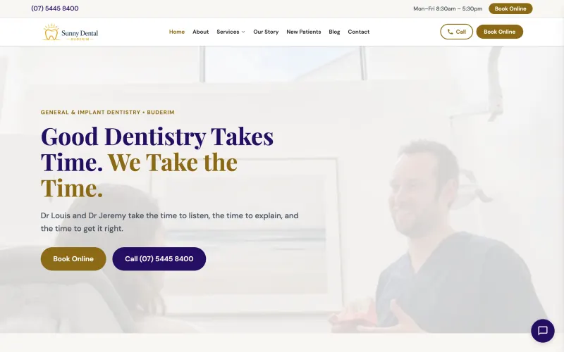 Homepage of the Sunny Dental Buderim website